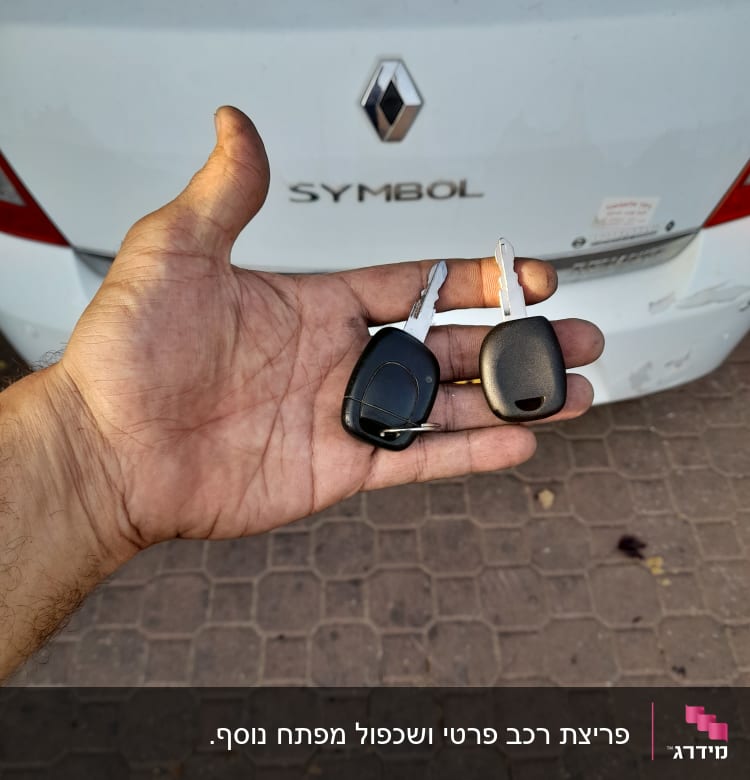 יד מחזיקה שני מפתחות רכב מול סמל רנו